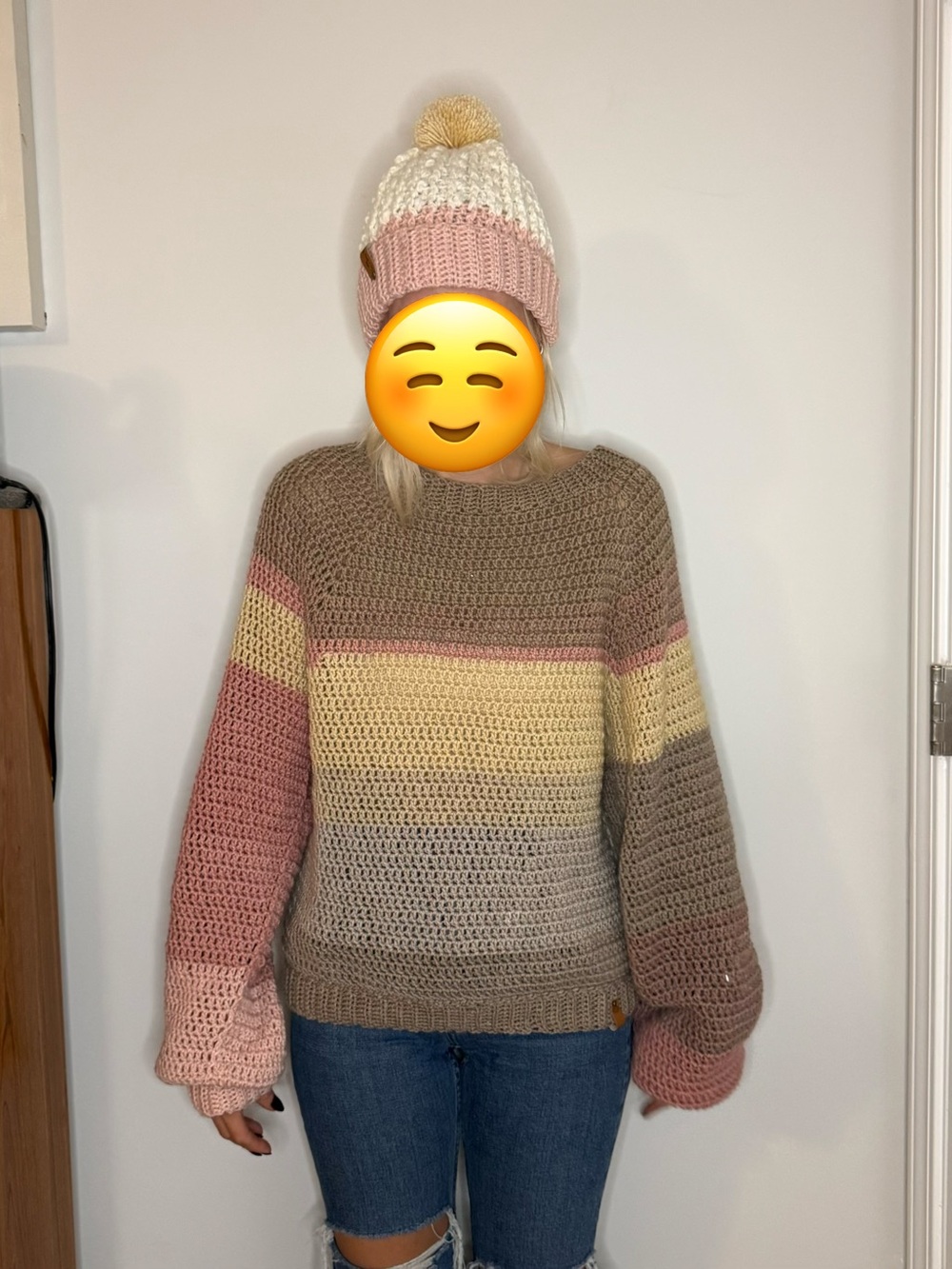 Striped Crochet Crewneck Sweater in Pink, Cream & Brown
